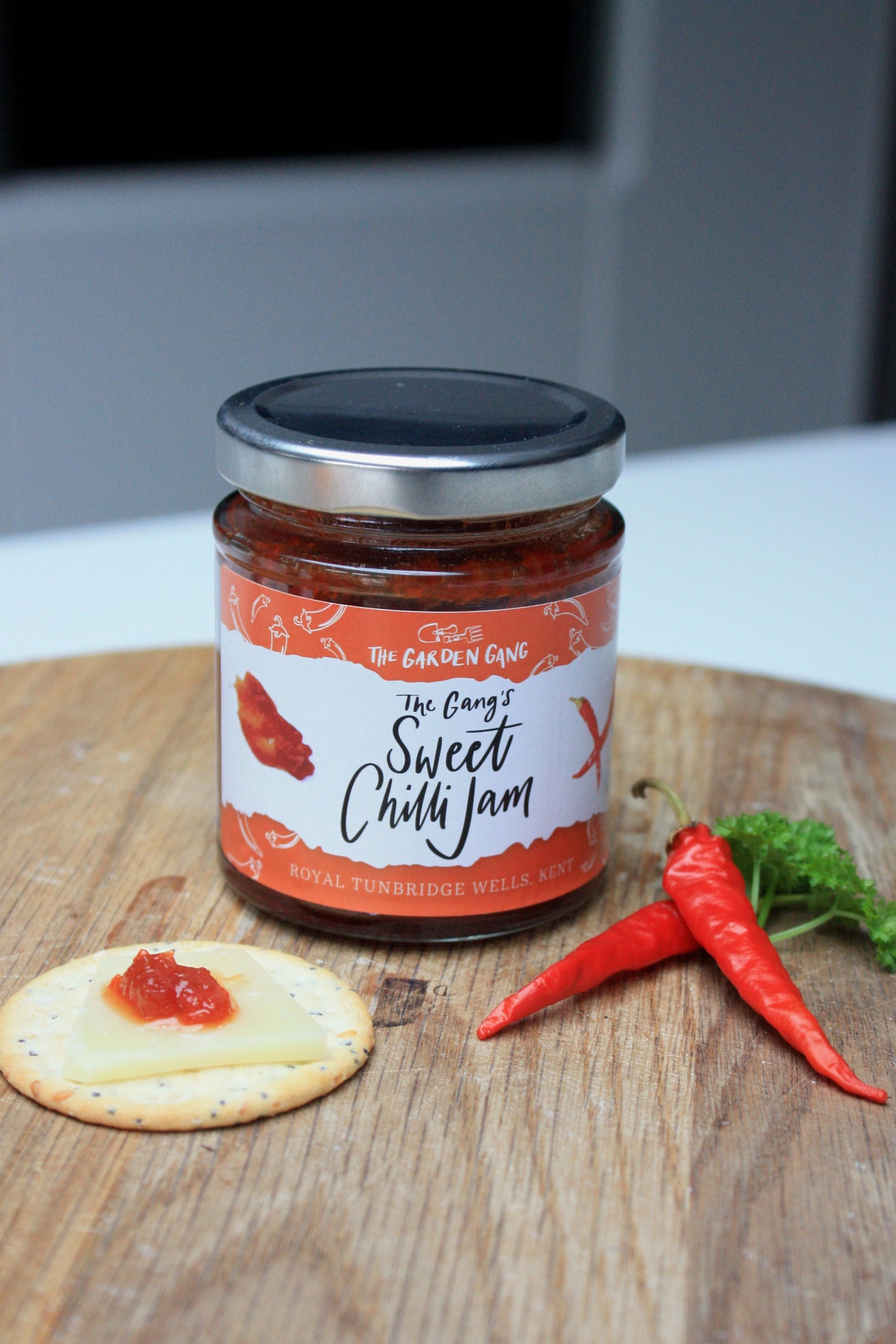 Jar of homemade sweet chilli jam from The Garden Gang, Tunbridge Wells