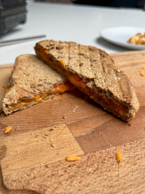 Rich and creamy cheese toast with chilli jam