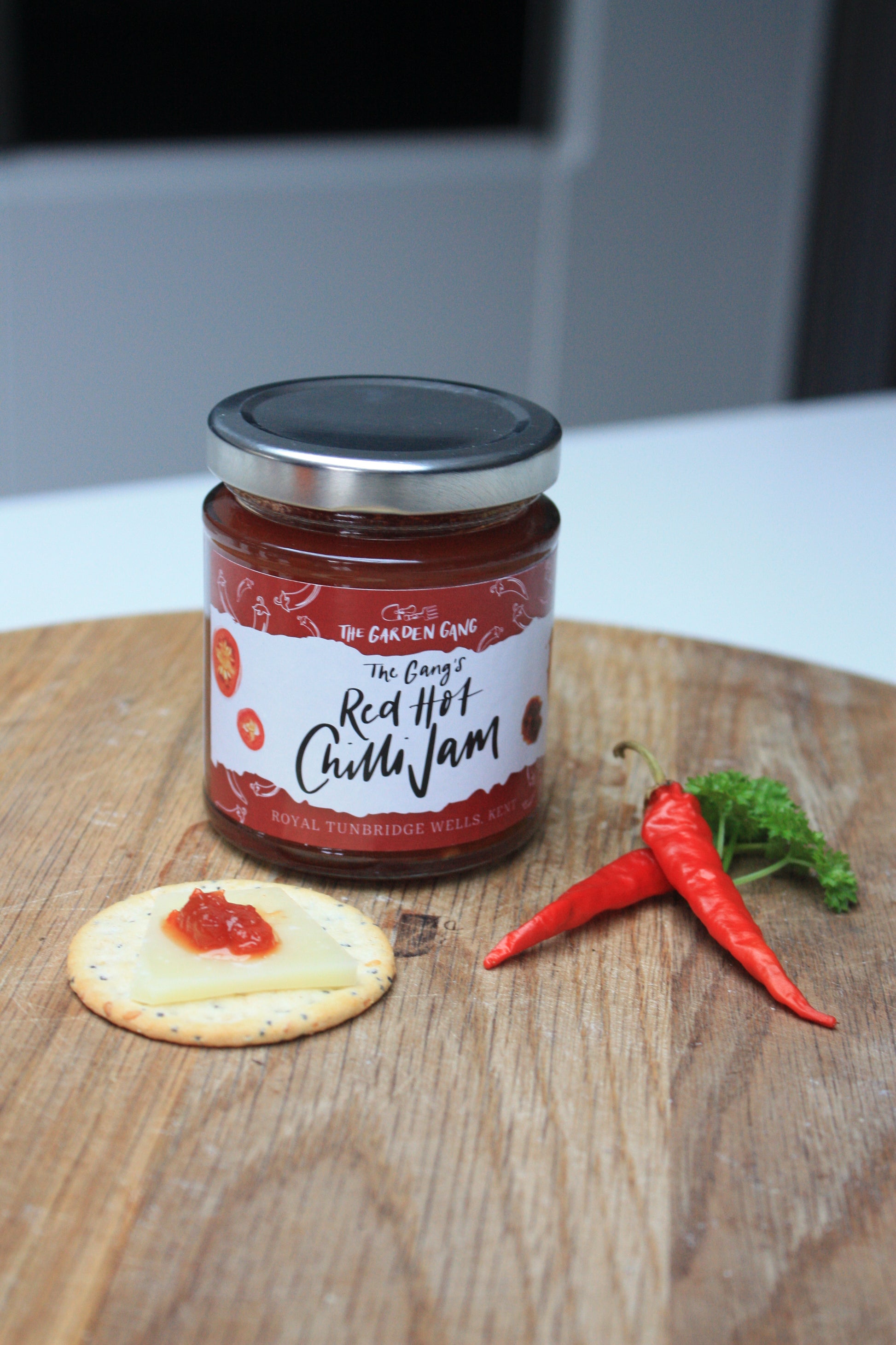 Jar of red hot Scotch Bonnet chilli jam handmade in Tunbridge Wells